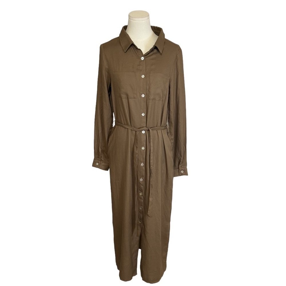 KORI Button Up Long Belted Shirt Dress Midi size S Brown Work Casual‎ Party